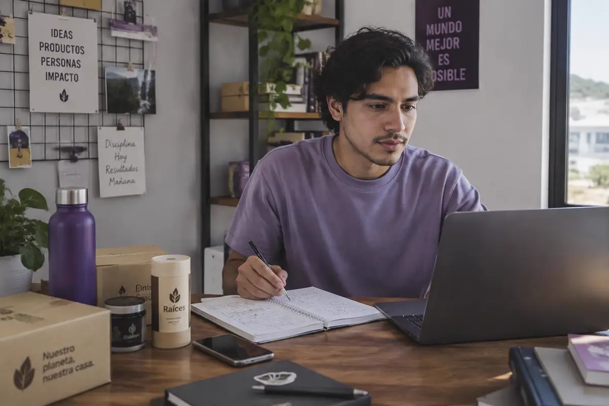 Joven emprendedor estudia en línea mientras diseña el modelo de negocio de su marca