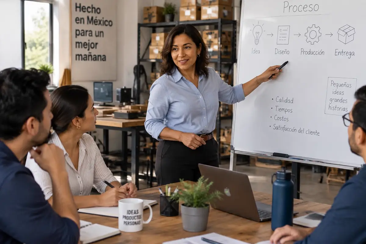 Empresaria dirige a su equipo frente a un diagrama de procesos