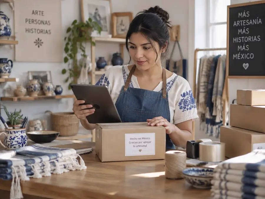 Emprendedora empaca pedidos de su tienda artesanal mientras revisa sus ventas